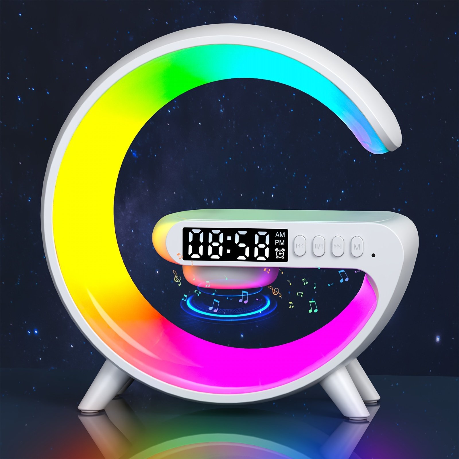 Altavoz inalámbrico Kouzone con alarma de amanecer, luz de ritmo RGB, carga rápida - Sonido envolvente de mesa 5.1, control de botones, USB tipo C, no , para teléfonos inteligentes/tabletas, batería de polímero de litio de 300 mAh, salida de 5-10 W