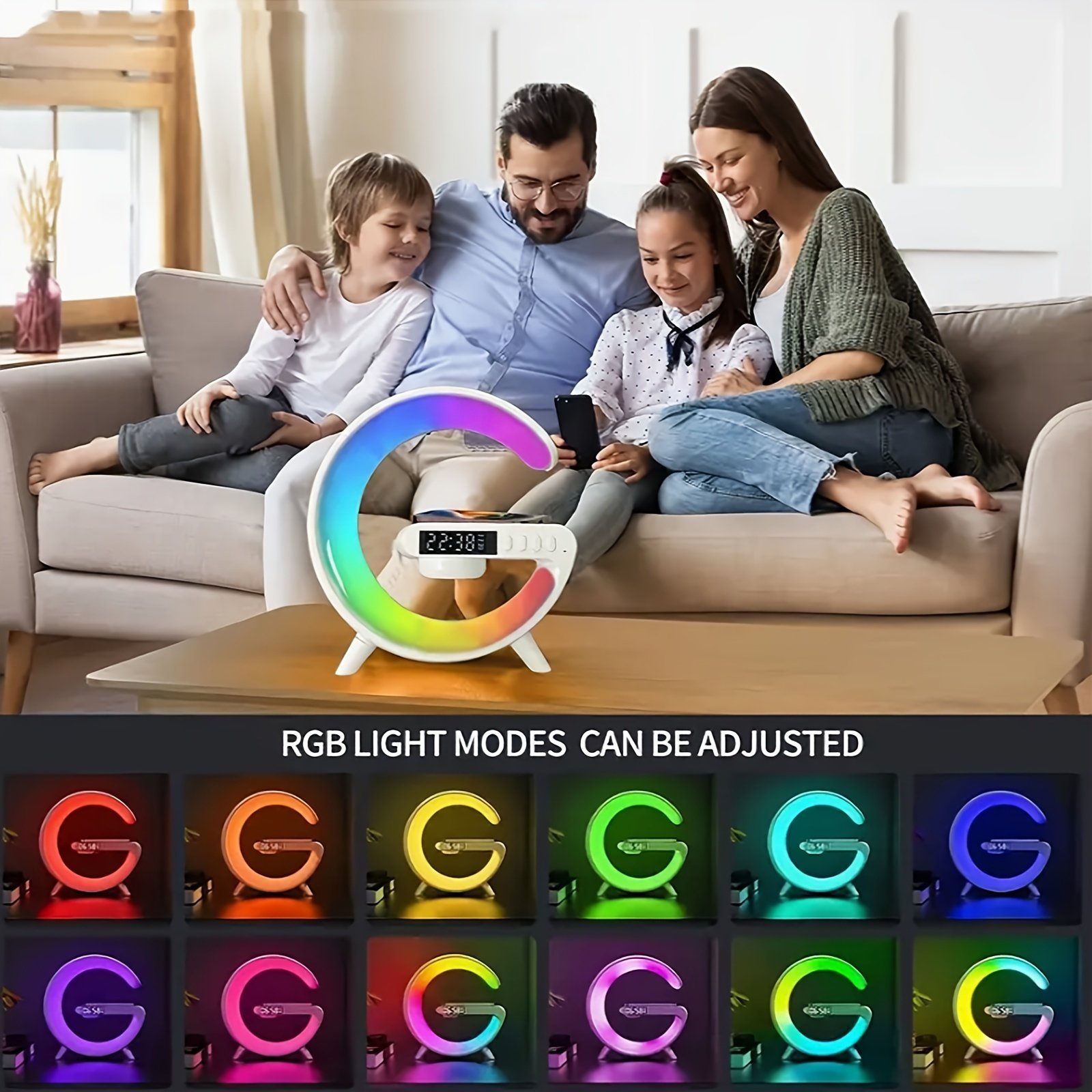 Altavoz inalámbrico Kouzone con alarma de amanecer, luz de ritmo RGB, carga rápida - Sonido envolvente de mesa 5.1, control de botones, USB tipo C, no , para teléfonos inteligentes/tabletas, batería de polímero de litio de 300 mAh, salida de 5-10 W