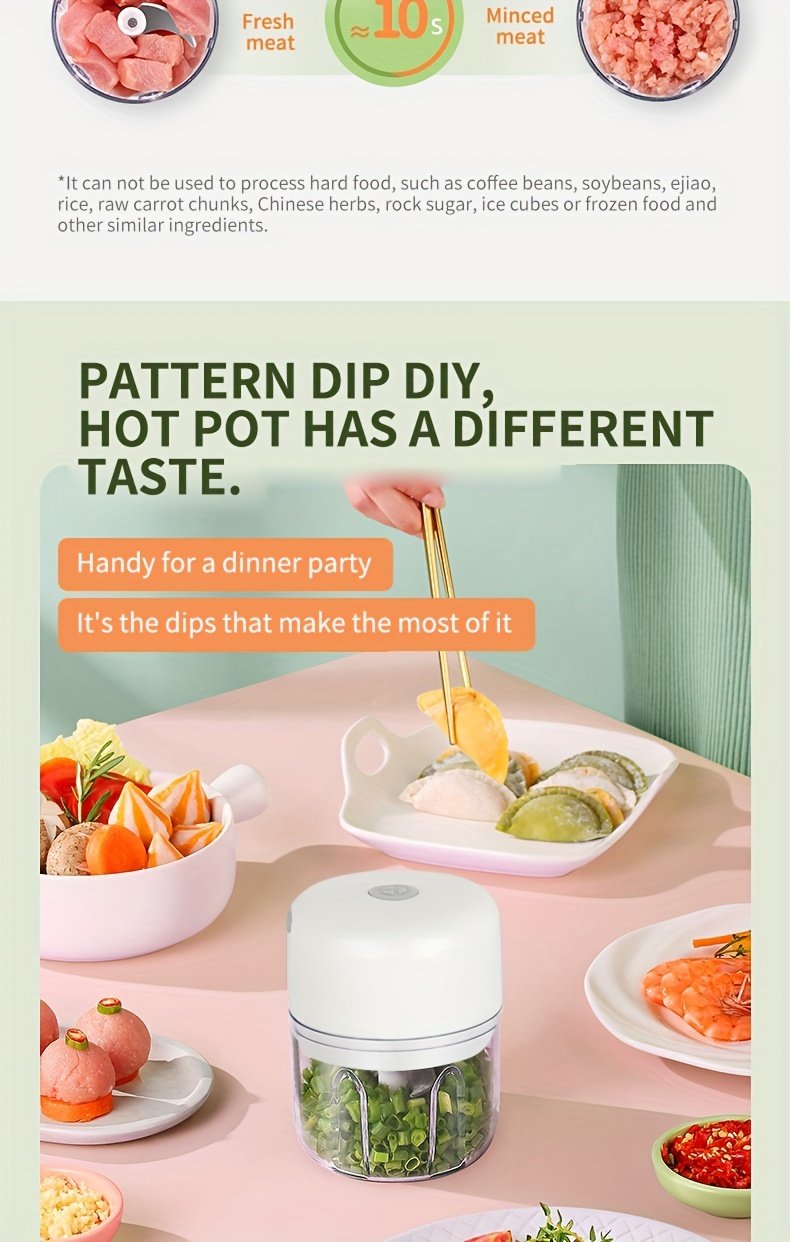 Picadora de ajo eléctrica portátil mini recargable por USB de 100/250 ml - Para picar ajo, jengibre, chile, cebolla, carne