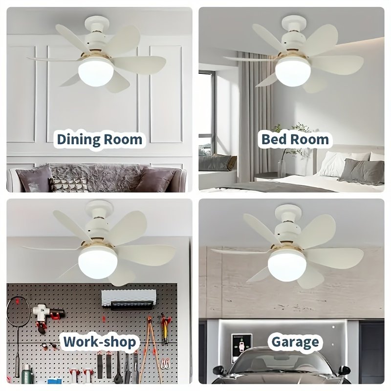 Ventilador de Techo con Luz y Control Remoto, Iluminación LED con Ventilador, 3 Velocidades de Flujo de Aire Silencioso y 3 Temperaturas de Color (3000K-4500K-6500K), Instalación Sin Herramientas + Temporizador, Ventilador de 6 Aspas E26/E27, Ideal para Dormitorio, Sala, Cocina, Garaje, Tiendas y