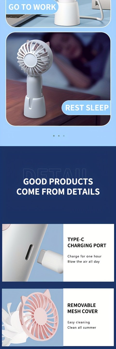 Ventilador Mini Portátil Recargable por USB - Alta Velocidad, de Mano con Viento Potente para Uso Interior/Exterior