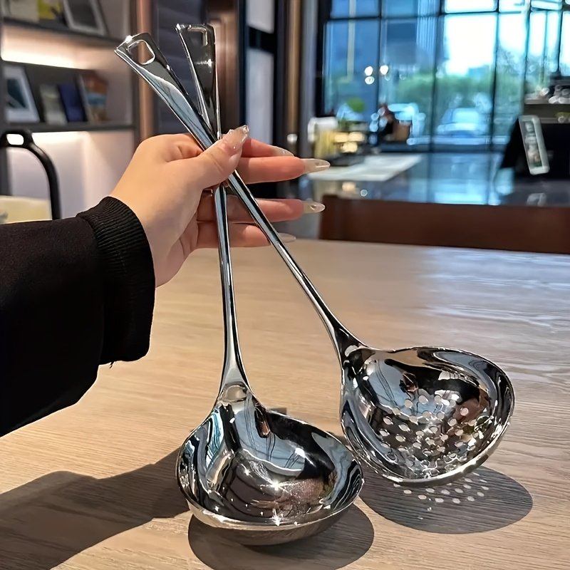 Juego de 2 Cucharas de Sopa de Acero Inoxidable con Mango Largo, Duraderas para Cocina y Hotpot, Fáciles de Limpiar para Uso Doméstico y en Restaurantes