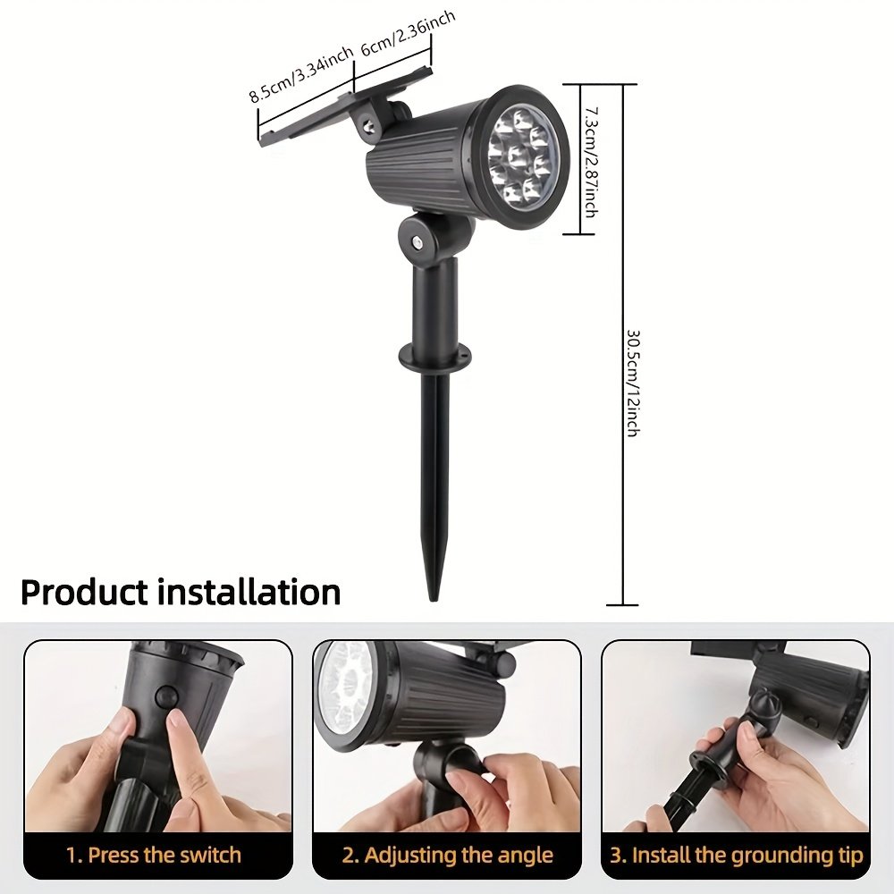 2 luces solares de punto LED de 9 LED, IP65 RGB de brillo ajustable para exteriores, luces de paisaje para jardín, camino, patio, árboles, entrada de vehículos, patio, césped y decoración de calles, luz solar