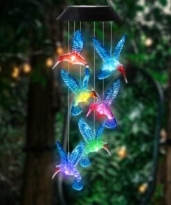 De campanillas de viento solares LED con colibrí, luces solares LED