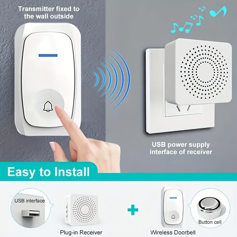 1 X Timbre Inteligente DingDong, con 38 Tonos Relajantes y 3 Niveles de Volumen, Instalación Autoadhesiva o con Taladro, No Requiere Configuración, Transmisión de Amplio Alcance. El DingDong Utiliza Carga USB, Mientras que el Transmisor Funciona con una Pila Botón. Este Timbre sin varillas para el