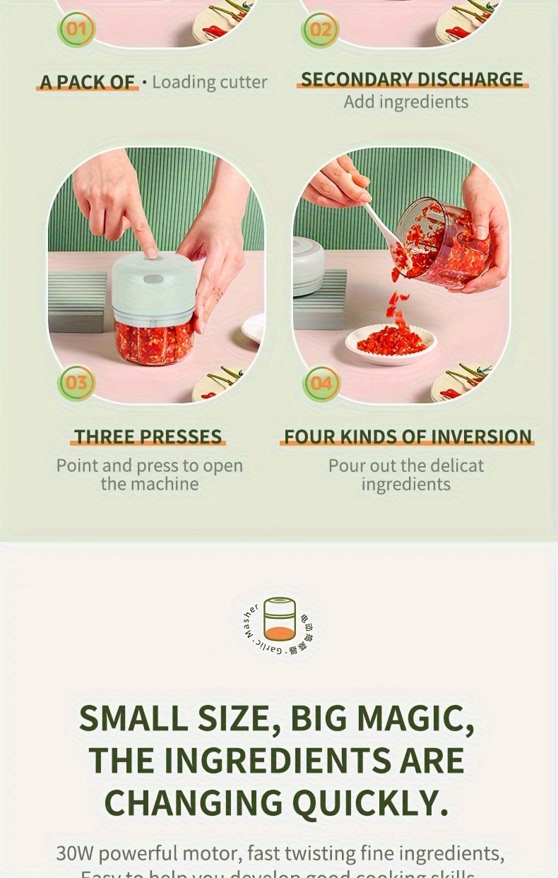 Picadora de ajo eléctrica portátil mini recargable por USB de 100/250 ml - Para picar ajo, jengibre, chile, cebolla, carne