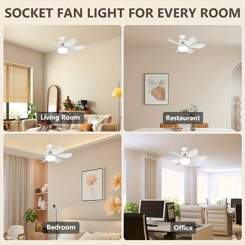 Ventilador de Techo con Luz y Control Remoto, Iluminación LED con Ventilador, 3 Velocidades de Flujo de Aire Silencioso y 3 Temperaturas de Color (3000K-4500K-6500K), Instalación Sin Herramientas + Temporizador, Ventilador de 6 Aspas E26/E27, Ideal para Dormitorio, Sala, Cocina, Garaje, Tiendas y
