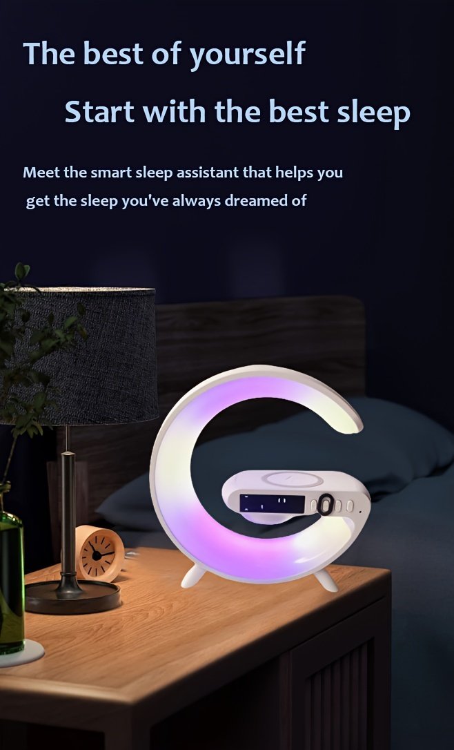 Altavoz inalámbrico Kouzone con alarma de amanecer, luz de ritmo RGB, carga rápida - Sonido envolvente de mesa 5.1, control de botones, USB tipo C, no , para teléfonos inteligentes/tabletas, batería de polímero de litio de 300 mAh, salida de 5-10 W