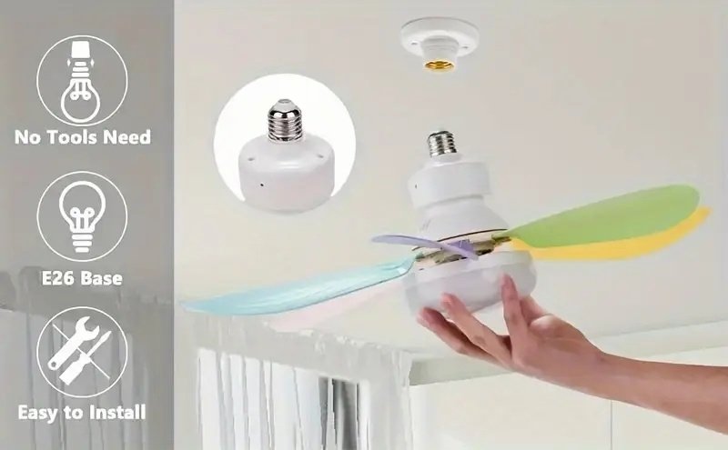 Ventilador de Techo con Luz y Control Remoto, Iluminación LED con Ventilador, 3 Velocidades de Flujo de Aire Silencioso y 3 Temperaturas de Color (3000K-4500K-6500K), Instalación Sin Herramientas + Temporizador, Ventilador de 6 Aspas E26/E27, Ideal para Dormitorio, Sala, Cocina, Garaje, Tiendas y