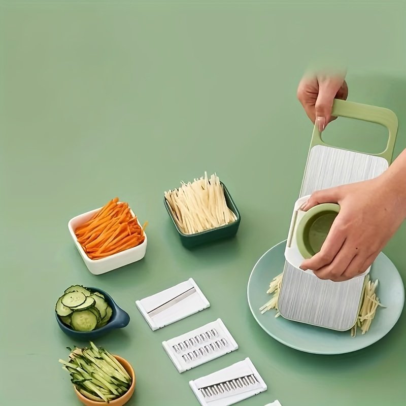 Juego de Cortador y Rallador Multifuncional de Acero Inoxidable de 7 Piezas, Cuchillas Intercambiables, Kit de Herramientas Manuales para Cocina para Patatas, Zanahorias, Pepinos