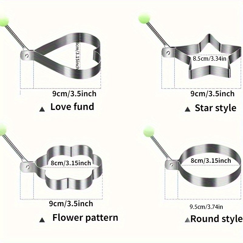 Juego de 4 moldes para huevos de acero inoxidable, con formas de corazón, estrella, flor y redonda, herramienta para dar forma al desayuno - Imagen 3