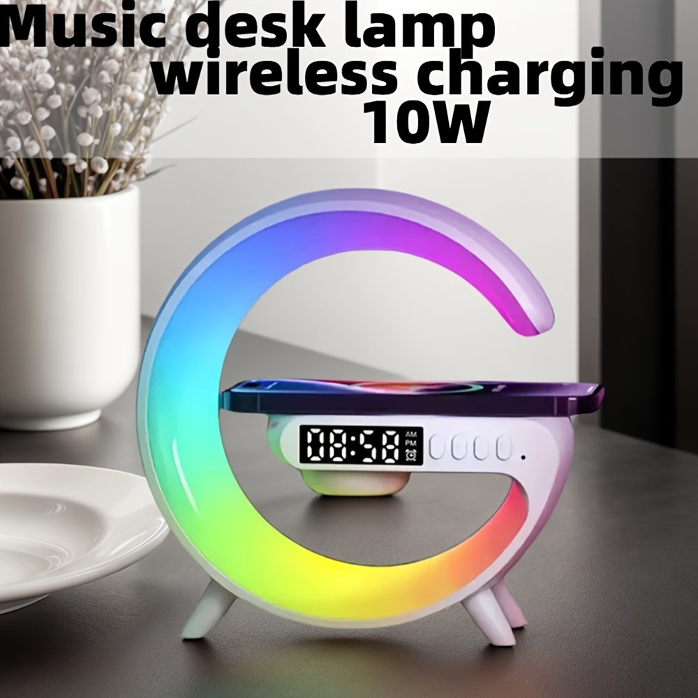 Altavoz inalámbrico Kouzone con alarma de amanecer, luz de ritmo RGB, carga rápida - Sonido envolvente de mesa 5.1, control de botones, USB tipo C, no , para teléfonos inteligentes/tabletas, batería de polímero de litio de 300 mAh, salida de 5-10 W