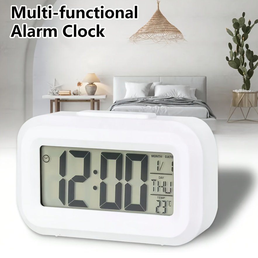 Reloj Despertador Inteligente LCD con Luz Nocturna, Alarma Musical, Función Snooze, Calendario Perpetuo, Termómetro Digital, Luz de Fondo de 5 Segundos | Funciona con Pilas (Pilas No Incluidas)