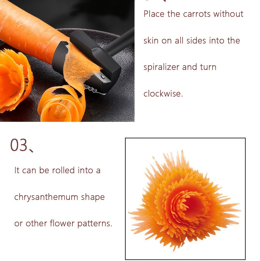 Con solo un suave rodillo, puedes crear flores de frutas. Esta herramienta de cocina multifuncional es perfecta para pelar y tallar verduras y frutas, creando hermosas decoraciones de pepino y zanahoria para tus platos. Es un excelente asistente para un