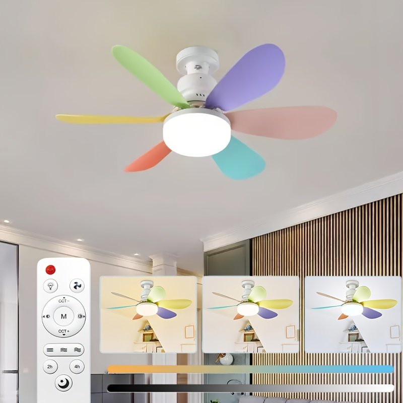 Ventilador de Techo con Luz y Control Remoto, Iluminación LED con Ventilador, 3 Velocidades de Flujo de Aire Silencioso y 3 Temperaturas de Color (3000K-4500K-6500K), Instalación Sin Herramientas + Temporizador, Ventilador de 6 Aspas E26/E27, Ideal para Dormitorio, Sala, Cocina, Garaje, Tiendas y