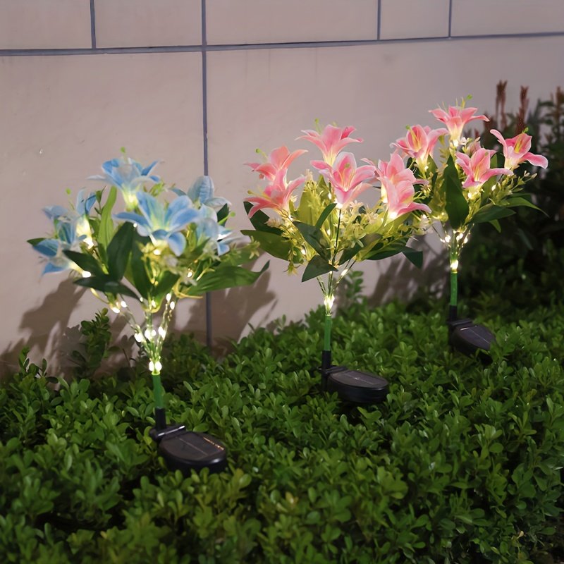 Luz solar de flor de lirio de 7 cabezales con 42 cuentas LED, luz solar de jardín rosa para exteriores para decoración exterior, adecuada para patios, terrazas y jardines exteriores