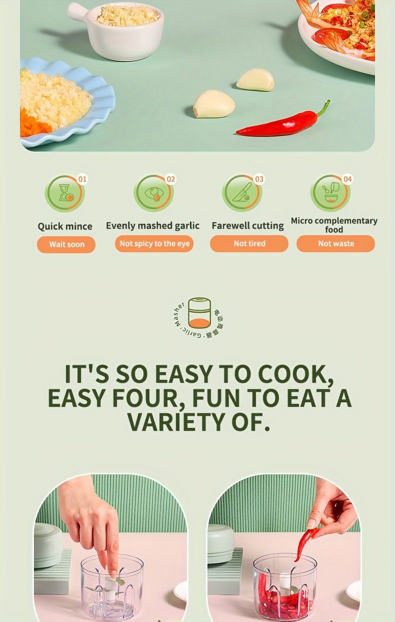 Picadora de ajo eléctrica portátil mini recargable por USB de 100/250 ml - Para picar ajo, jengibre, chile, cebolla, carne