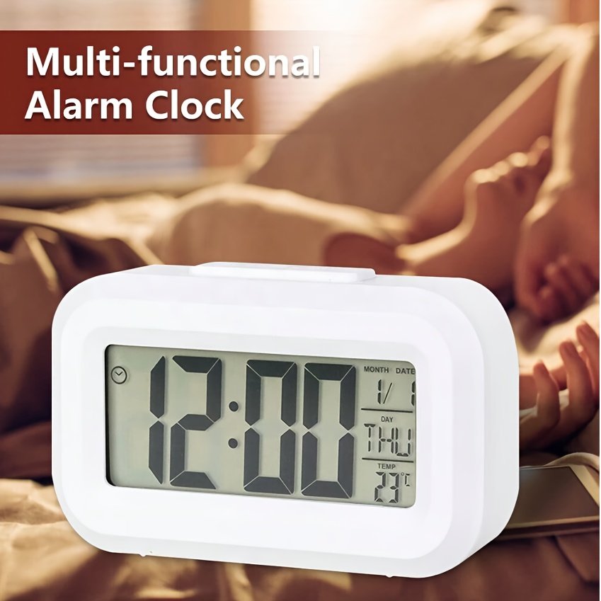 Reloj Despertador Inteligente LCD con Luz Nocturna, Alarma Musical, Función Snooze, Calendario Perpetuo, Termómetro Digital, Luz de Fondo de 5 Segundos | Funciona con Pilas (Pilas No Incluidas)