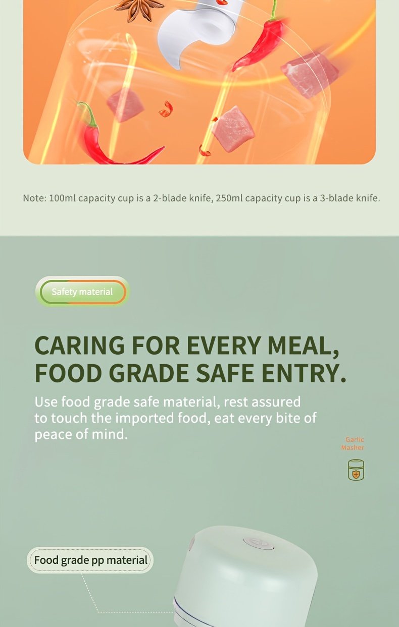 Picadora de ajo eléctrica portátil mini recargable por USB de 100/250 ml - Para picar ajo, jengibre, chile, cebolla, carne
