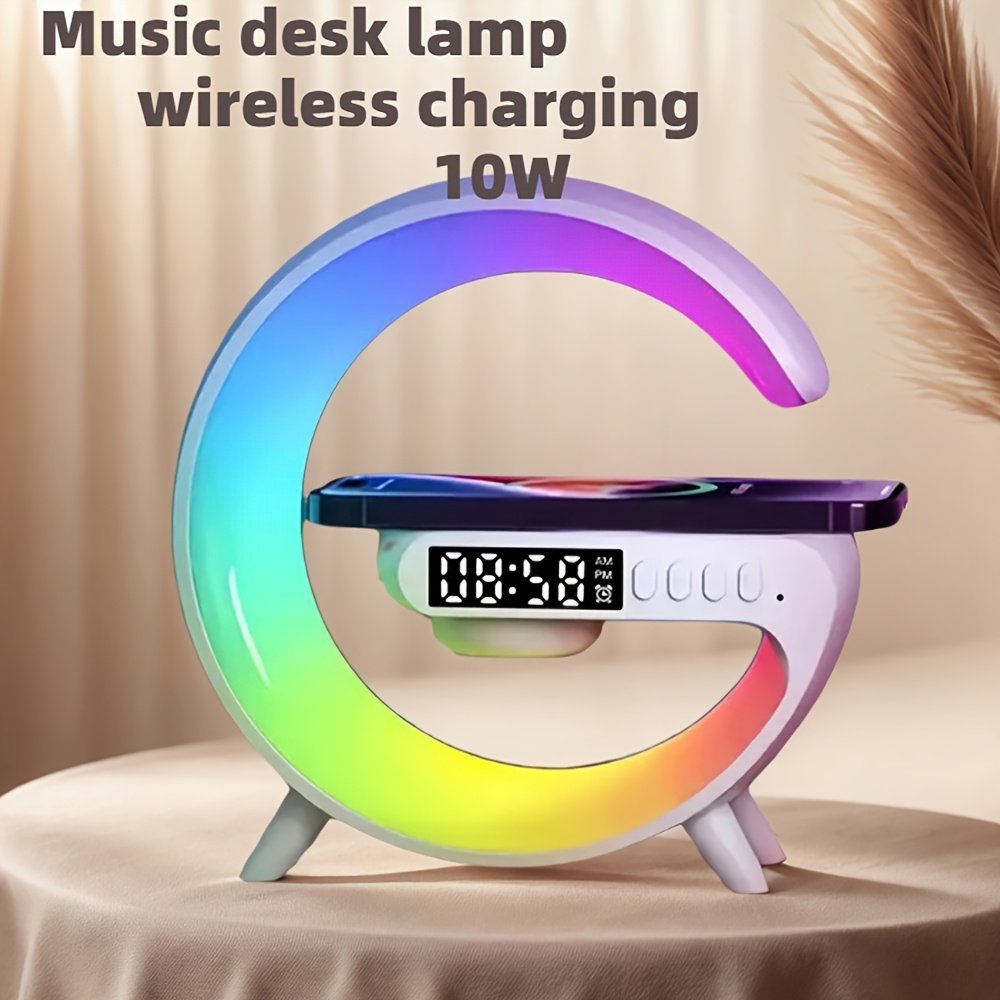 Altavoz inalámbrico Kouzone con alarma de amanecer, luz de ritmo RGB, carga rápida - Sonido envolvente de mesa 5.1, control de botones, USB tipo C, no , para teléfonos inteligentes/tabletas, batería de polímero de litio de 300 mAh, salida de 5-10 W