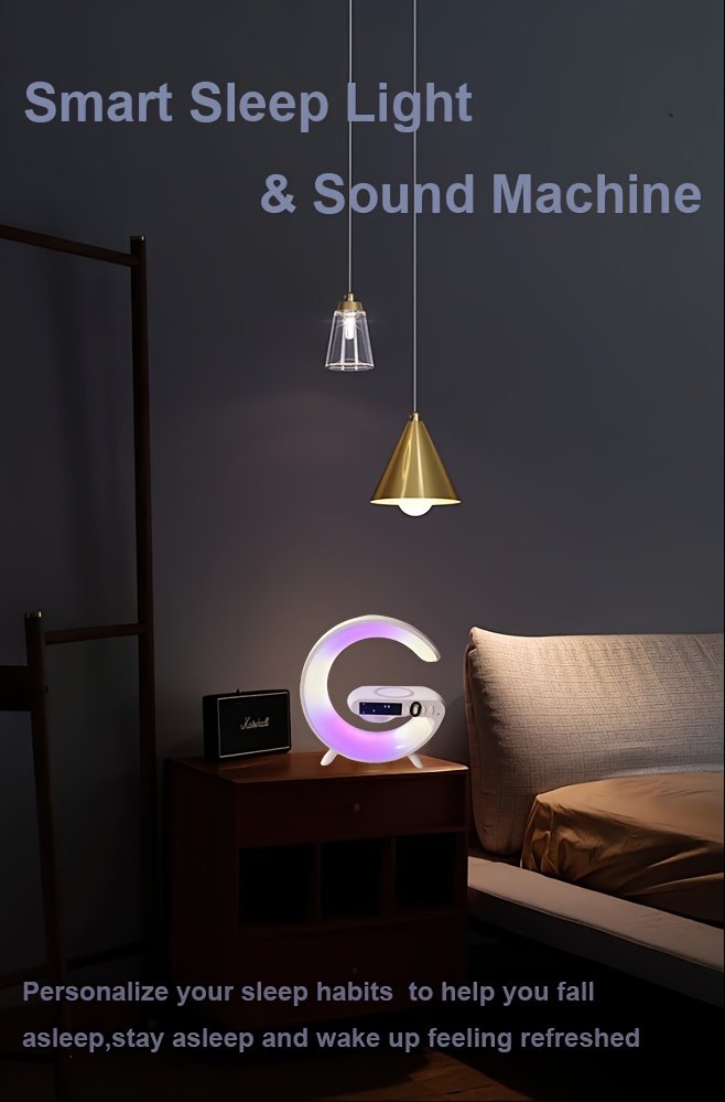 Altavoz inalámbrico Kouzone con alarma de amanecer, luz de ritmo RGB, carga rápida - Sonido envolvente de mesa 5.1, control de botones, USB tipo C, no , para teléfonos inteligentes/tabletas, batería de polímero de litio de 300 mAh, salida de 5-10 W