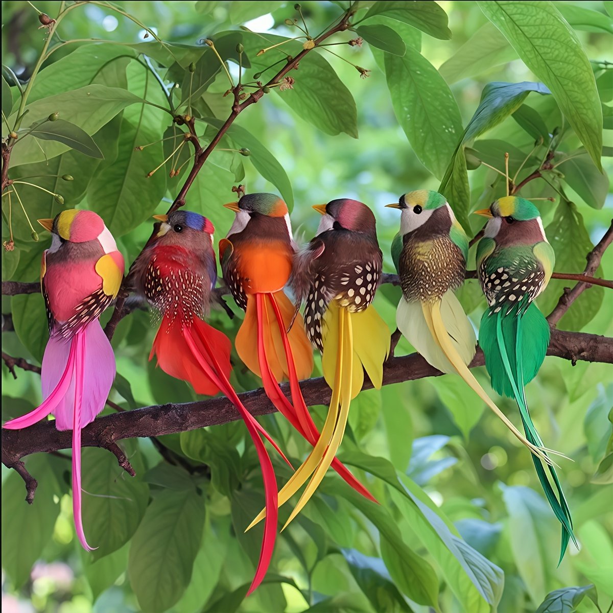 6 piezas de pájaros artificiales vibrantes con colas largas - Decoración de hogar y jardín con colores y plumas, adornos colgantes realistas para decoración festiva, decoración festiva | Decoración vibrante | Pájaro de polipropileno