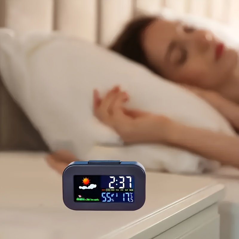 Reloj estación meteorológica con pantalla grande retroiluminada y colorida, monitoreo en tiempo real de temperatura y humedad, animación meteorológica, función de alarma e índice de confort - Funciona con pilas (pilas no incluidas), para dormitorios, residencias estudiantiles, decoración minimalista