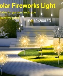 FACHOI 60/200 LED Solar de Exterior con Sensor y Regulable, Fuegos Artificiales Blanco Cálido, Adecuado para Iluminación de Jardín, Patio, Césped, Terraza, Camino, Fácil Instalación, 8 Modos, para Decoración de Villa