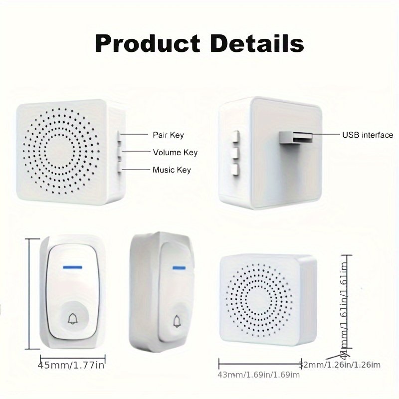 1 X Timbre Inteligente DingDong, con 38 Tonos Relajantes y 3 Niveles de Volumen, Instalación Autoadhesiva o con Taladro, No Requiere Configuración, Transmisión de Amplio Alcance. El DingDong Utiliza Carga USB, Mientras que el Transmisor Funciona con una Pila Botón. Este Timbre sin varillas para el