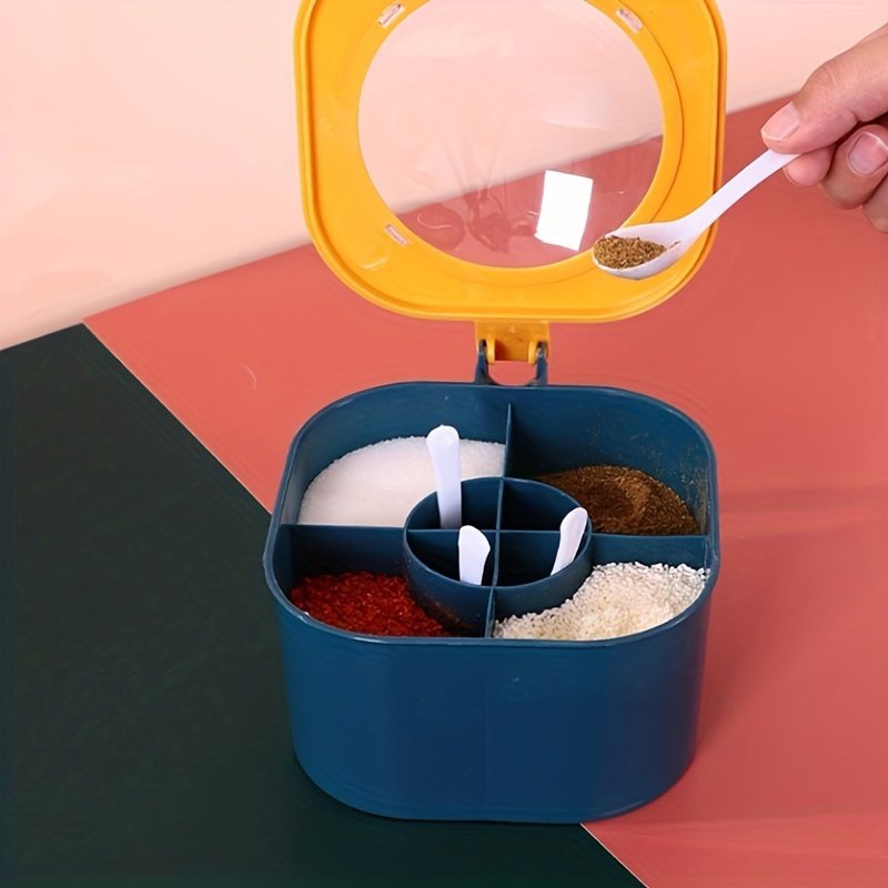 Caja de condimentos de gran capacidad 4 en 1 con tapa y cuchara - Material ABS duradero, caja de condimentos de cocina doméstica multifuncional con tapa integrada de cuatro compartimentos para almacenamiento de azúcar, MSG, sal, adecuada para la organización de la cocina del hogar, frasco de sal, práctica