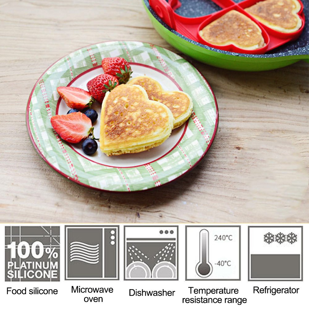 Molde antiadherente para escalfar huevos y hacer panqueques - Formas de corazón, estrella, flor - Molde de silicona en forma de aro para huevos fáciles de limpiar para hacer huevos redondos perfectos, panqueques, huevos fritos - Apto para el hogar, restaurante, desayuno - Utensilio de cocina, cocina