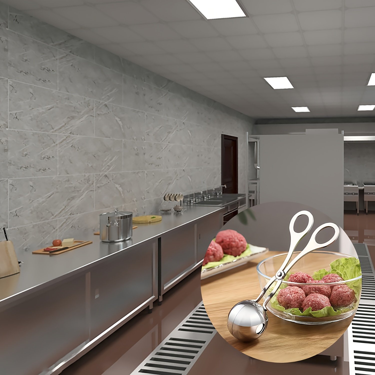 1 Molde para albóndigas de acero inoxidable, con mango largo - Antiadherente, ideal para la cocina del hogar y del restaurante, perfecto para albóndigas, croquetas de pescado, etc., herramienta de cocina para albóndigas | Diseño ergonómico | Utensilios de cocina duraderos