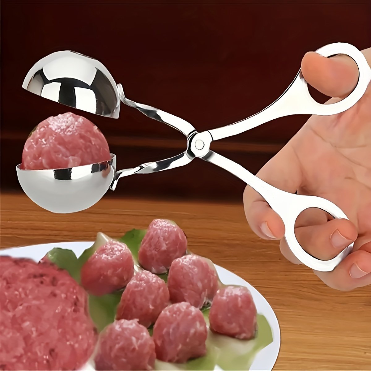1 Molde para albóndigas de acero inoxidable, con mango largo - Antiadherente, ideal para la cocina del hogar y del restaurante, perfecto para albóndigas, croquetas de pescado, etc., herramienta de cocina para albóndigas | Diseño ergonómico | Utensilios de cocina duraderos