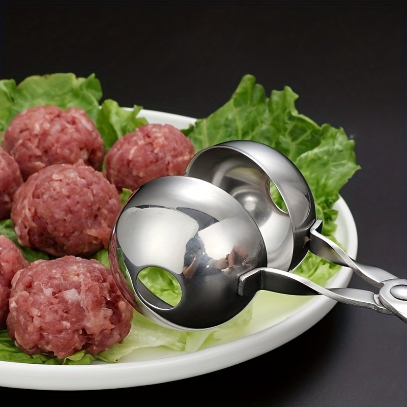 1 Molde para albóndigas de acero inoxidable, con mango largo - Antiadherente, ideal para la cocina del hogar y del restaurante, perfecto para albóndigas, croquetas de pescado, etc., herramienta de cocina para albóndigas | Diseño ergonómico | Utensilios de cocina duraderos