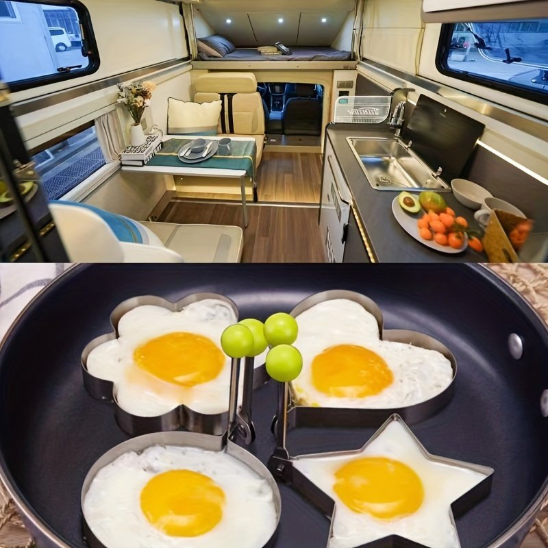 Juego de 4 moldes para huevos de acero inoxidable, con formas de corazón, estrella, flor y redonda, herramienta para dar forma al desayuno - Imagen 7