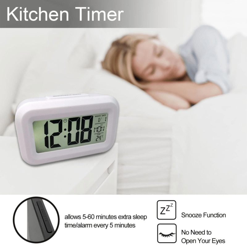 Reloj Despertador Inteligente LCD con Luz Nocturna, Alarma Musical, Función Snooze, Calendario Perpetuo, Termómetro Digital, Luz de Fondo de 5 Segundos | Funciona con Pilas (Pilas No Incluidas)