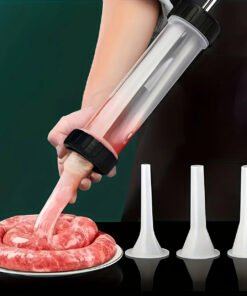 4 piezas de rellenador manual de salchichas, material plástico resistente, incluye 3 boquillas, ideal para hacer salchichas caseras, fiestas navideñas y uso en cocina, diseño fácil de limpiar, apto para todas las estaciones