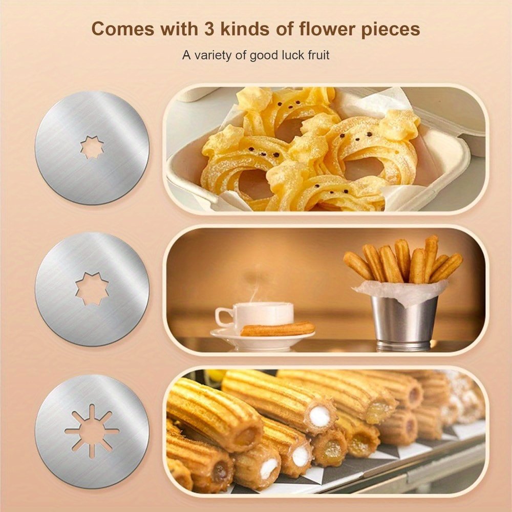 1 Set Máquina de Churros de Acero Inoxidable, Máquina de Donas y Prensa de Galletas con Forma de Fruta Occidental/Latina, Prensa Manual de Churros con Bolsa de Piping y Agujas Largas de Llenado, Set de Máquina de Churros – Herramientas y Equipamento de Cocina para Hogar