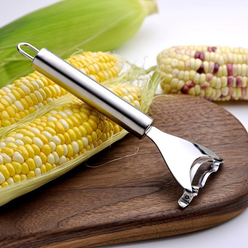 1pc Pelador de Maíz de Acero Inoxidable - Herramienta Multifuncional para Cocina para Pelar Eficientemente Maíz, Verduras y Frutas - Reutilizable, Diseño Higiénico con Cuchillas Afiladas - Seguro para Contacto Alimenticio, Utensilio Doméstico Duradero, Removedor de Fruta Color Beige Claro, Mango Cómodo, Material Fácil de Limpiar