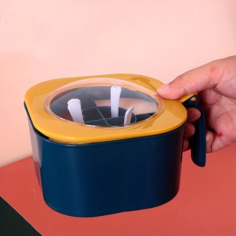 Caja de condimentos de gran capacidad 4 en 1 con tapa y cuchara - Material ABS duradero, caja de condimentos de cocina doméstica multifuncional con tapa integrada de cuatro compartimentos para almacenamiento de azúcar, MSG, sal, adecuada para la organización de la cocina del hogar, frasco de sal, práctica