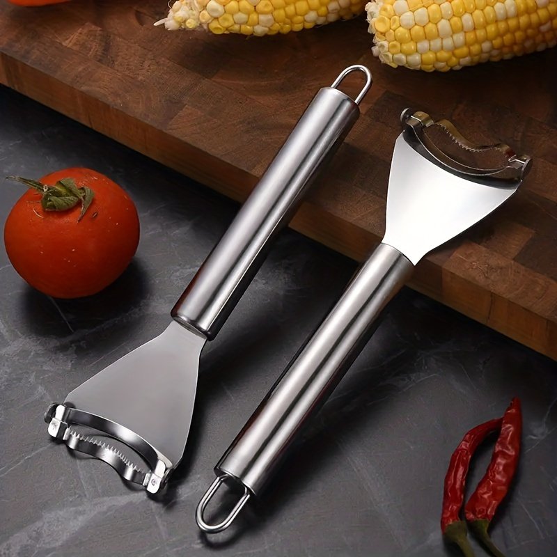 1pc Pelador de Maíz de Acero Inoxidable - Herramienta Multifuncional para Cocina para Pelar Eficientemente Maíz, Verduras y Frutas - Reutilizable, Diseño Higiénico con Cuchillas Afiladas - Seguro para Contacto Alimenticio, Utensilio Doméstico Duradero, Removedor de Fruta Color Beige Claro, Mango Cómodo, Material Fácil de Limpiar