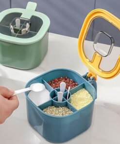 Caja de condimentos de gran capacidad 4 en 1 con tapa y cuchara - Material ABS duradero, caja de condimentos de cocina doméstica multifuncional con tapa integrada de cuatro compartimentos para almacenamiento de azúcar, MSG, sal, adecuada para la organización de la cocina del hogar, frasco de sal, práctica