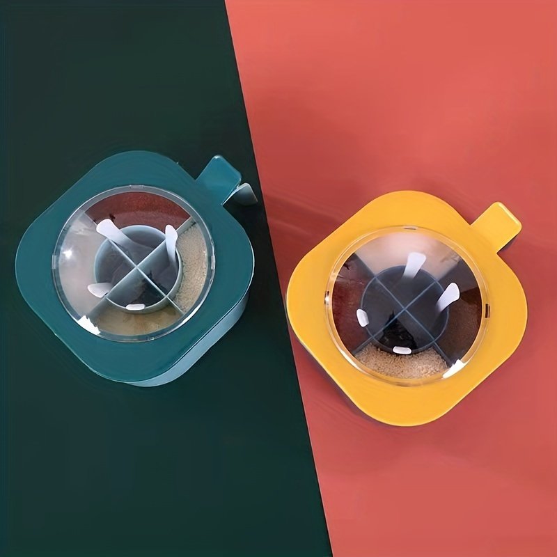 Caja de condimentos de gran capacidad 4 en 1 con tapa y cuchara - Material ABS duradero, caja de condimentos de cocina doméstica multifuncional con tapa integrada de cuatro compartimentos para almacenamiento de azúcar, MSG, sal, adecuada para la organización de la cocina del hogar, frasco de sal, práctica