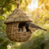 Una encantadora casa decorativa para colibríes, tejida a mano con