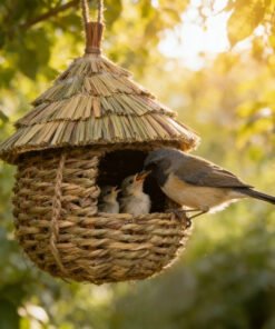 Una encantadora casa decorativa para colibríes, tejida a mano con