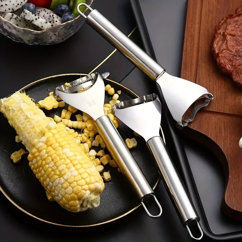 1pc Pelador de Maíz de Acero Inoxidable - Herramienta Multifuncional para Cocina para Pelar Eficientemente Maíz, Verduras y Frutas - Reutilizable, Diseño Higiénico con Cuchillas Afiladas - Seguro para Contacto Alimenticio, Utensilio Doméstico Duradero, Removedor de Fruta Color Beige Claro, Mango Cómodo, Material Fácil de Limpiar