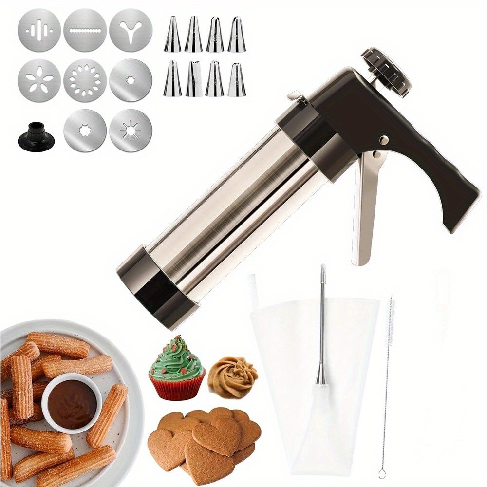 1 Set Máquina de Churros de Acero Inoxidable, Máquina de Donas y Prensa de Galletas con Forma de Fruta Occidental/Latina, Prensa Manual de Churros con Bolsa de Piping y Agujas Largas de Llenado, Set de Máquina de Churros – Herramientas y Equipamento de Cocina para Hogar