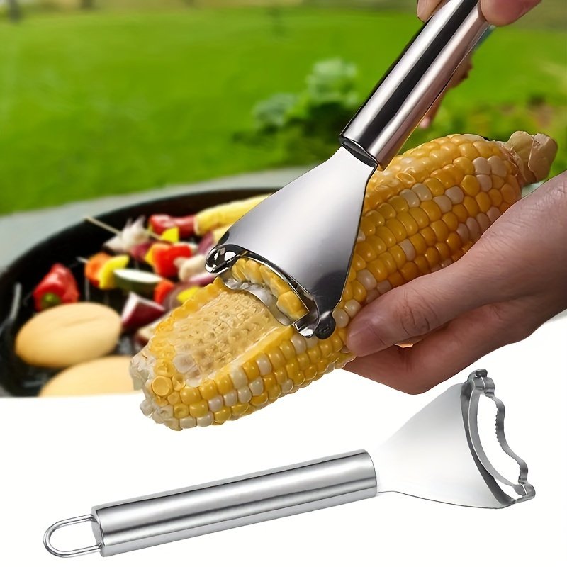 1pc Pelador de Maíz de Acero Inoxidable - Herramienta Multifuncional para Cocina para Pelar Eficientemente Maíz, Verduras y Frutas - Reutilizable, Diseño Higiénico con Cuchillas Afiladas - Seguro para Contacto Alimenticio, Utensilio Doméstico Duradero, Removedor de Fruta Color Beige Claro, Mango Cómodo, Material Fácil de Limpiar
