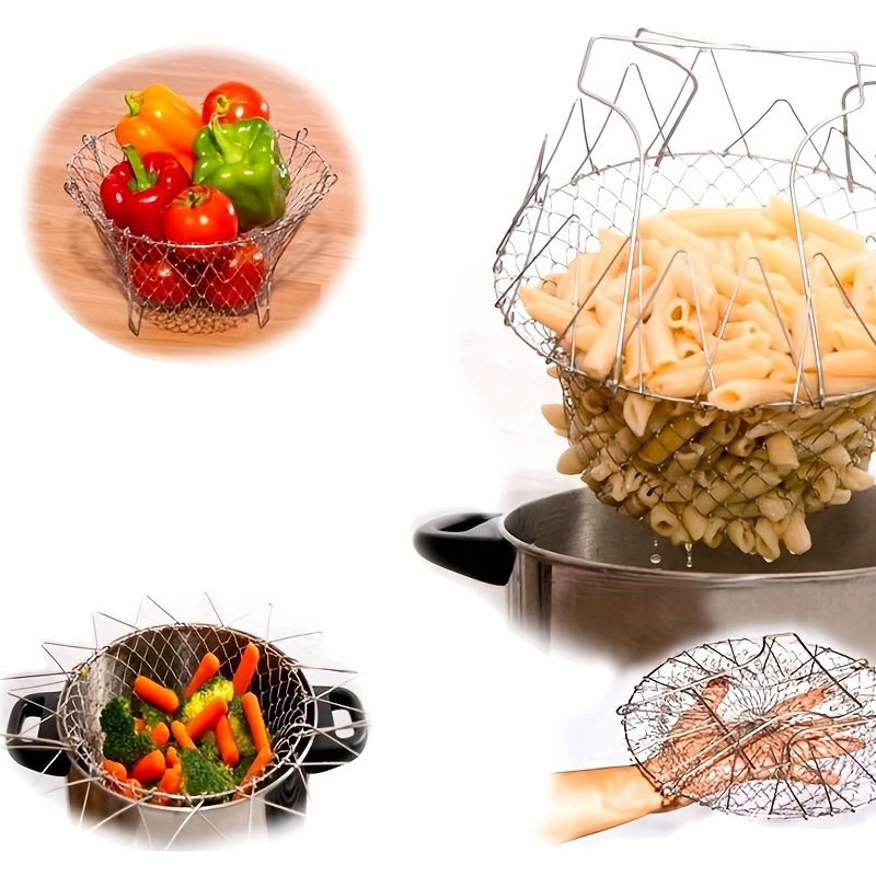 Canasta plegable de acero inoxidable para freír, colar aceite y exhibir frutas, diseño de malla duradero, ideal para papas fritas, vegetales y más