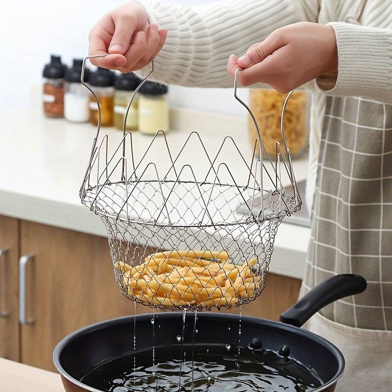 Canasta plegable de acero inoxidable para freír, colar aceite y exhibir frutas, diseño de malla duradero, ideal para papas fritas, vegetales y más